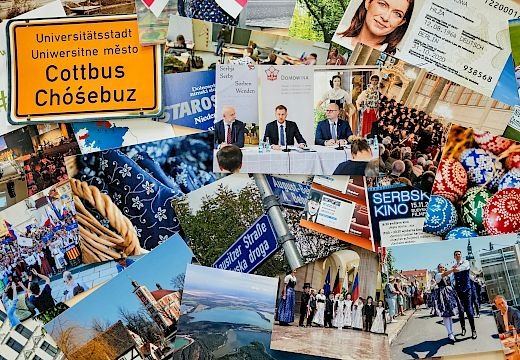 Collage aus Fotos mit sorbischen Motiven wie Trachten, Ostereiern, Straßenschildern, einer Pressekonferenz, einem Universitätsstadt-Schild Cottbus/Chósebuz und einem deutschen Personalausweis