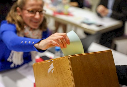 Žeńska w módrem krěśu chyśijo cedlik do drjewjanego wólbnego kašćika