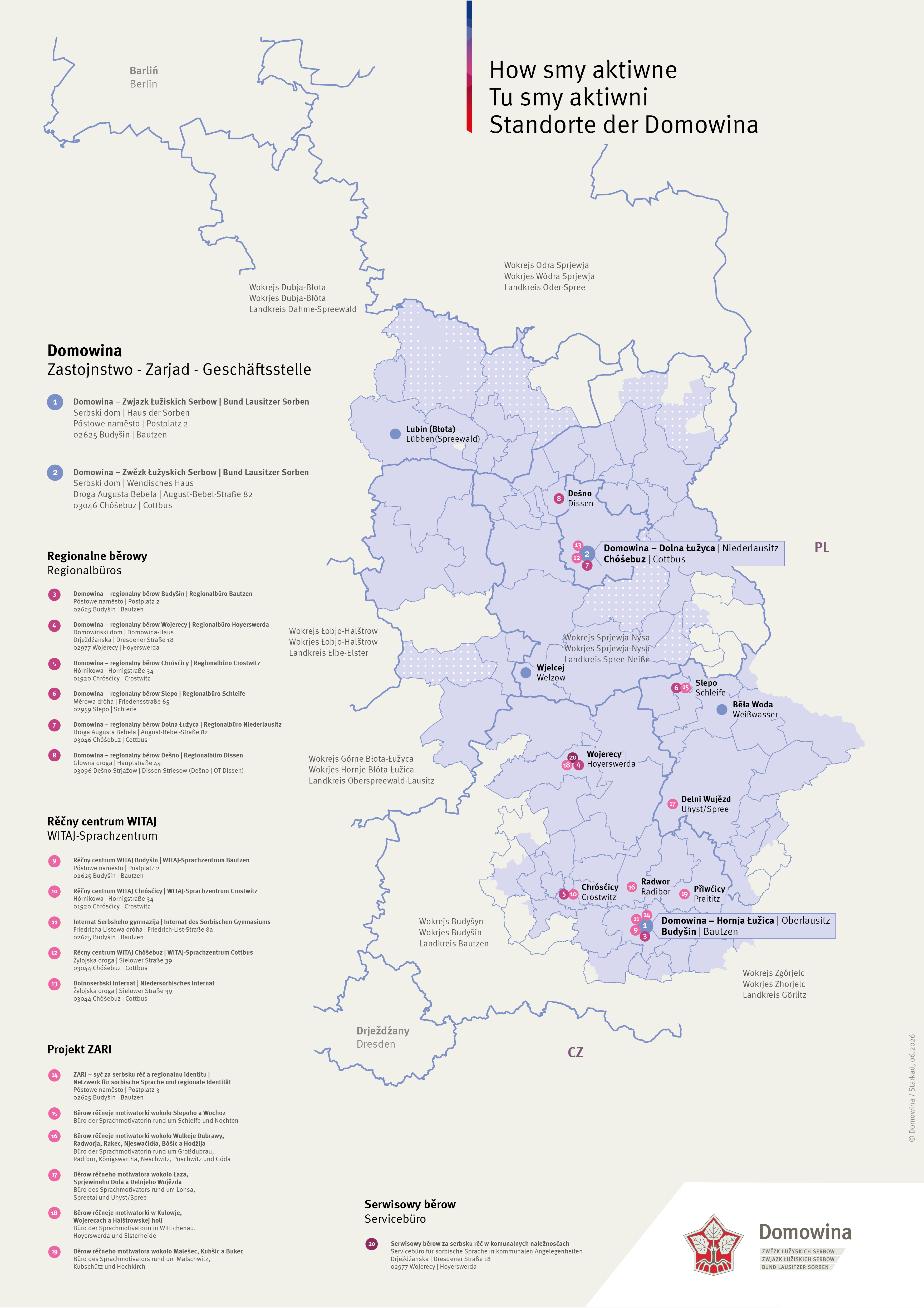 Karte mit Standorten der Domowina in der Lausitz
