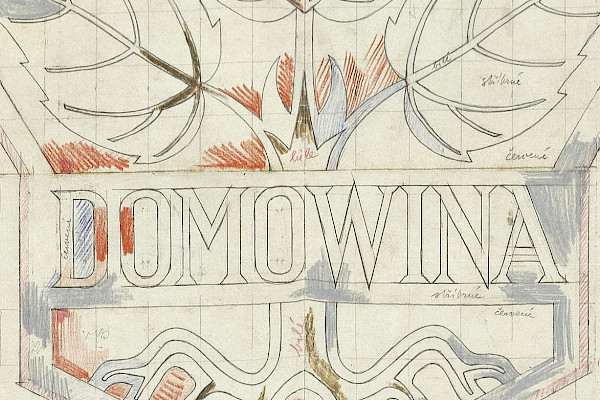 Serbska wuměłcowka Hanka Krawcec jo wenkowny naglěd Domowiny głownje póstajiła. Hyšći źinsa se logo wužywa. © Serbski kulturny archiw pśi Serbskem instituśe