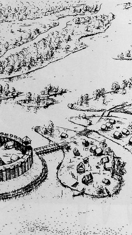 Rekonstruktionszeichnung der slawischen Inselburg von Potsdam (spätes 9.–frühes 10. Jahrhundert).