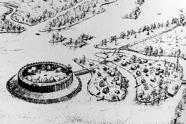 Rekonstruktionszeichnung der slawischen Inselburg von Potsdam (spätes 9.–frühes 10. Jahrhundert).