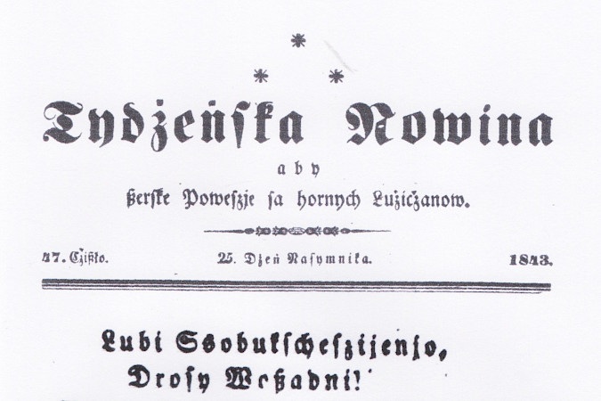 Tydźenska Nowina 25.11.1843: informacija wo załoženju serbskeho ewangeliskeho misionskeho towarstwa dnja 17.10.1843 we Wojerecach