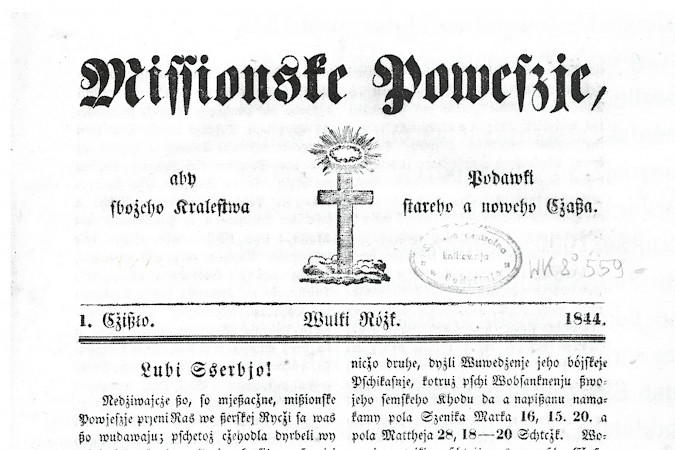 januar 1844 – prěnje čisło wot Handrija Zejlerja měsačnje wudatych „Misionskich Powěsćow“ (ćišćane we Wojerecach pola Ihringa)