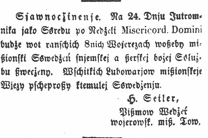 přeprošenje na misionski swjedźeń wot Zejlerja w serbskej nowinje